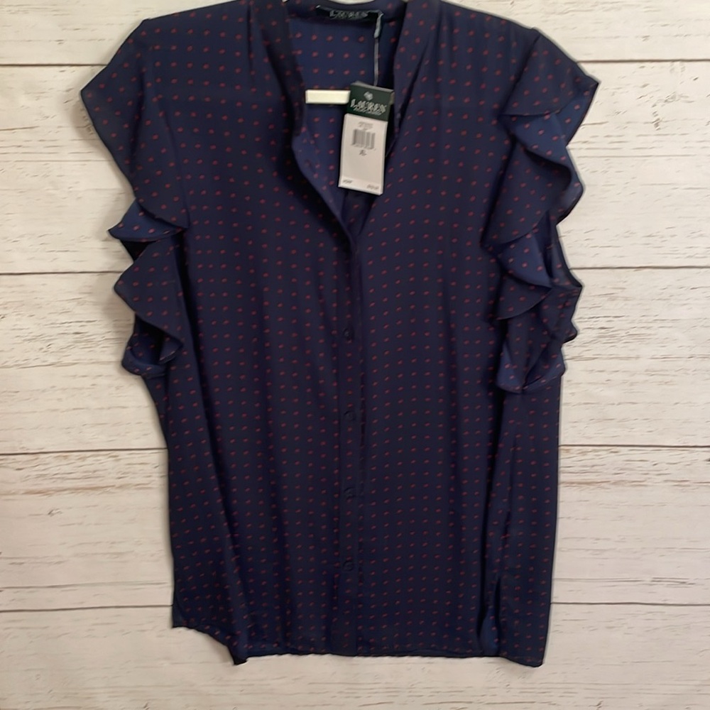 Lauren Ralph Lauren Navy Blue Ruffle Sleeved Polka Dot Blouse, size XL, NWT - Picture 10 of 12